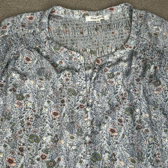 Rose + Olive Blouse Womens 3X Blue Floral Smocked Button Front 3/4 Sleeve Boho - Picture 1 of 13